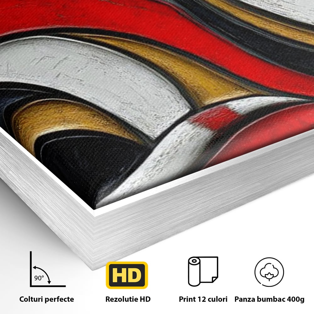 Detaliu al suprafetei: tablou canvas cu pisica stilizata in profil, in rama de aluminiu argintiu